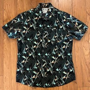 MBX Medium Short Sleeve Button Down Shirt 100% Cotton Floral Green Orange Leaves